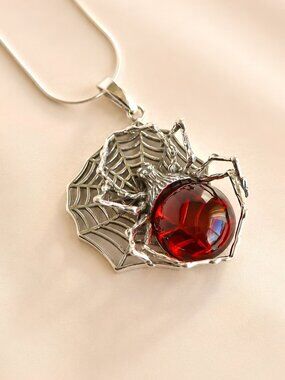 Baltic Cherry Amber Spider Pendant Necklace in Sterling Silver